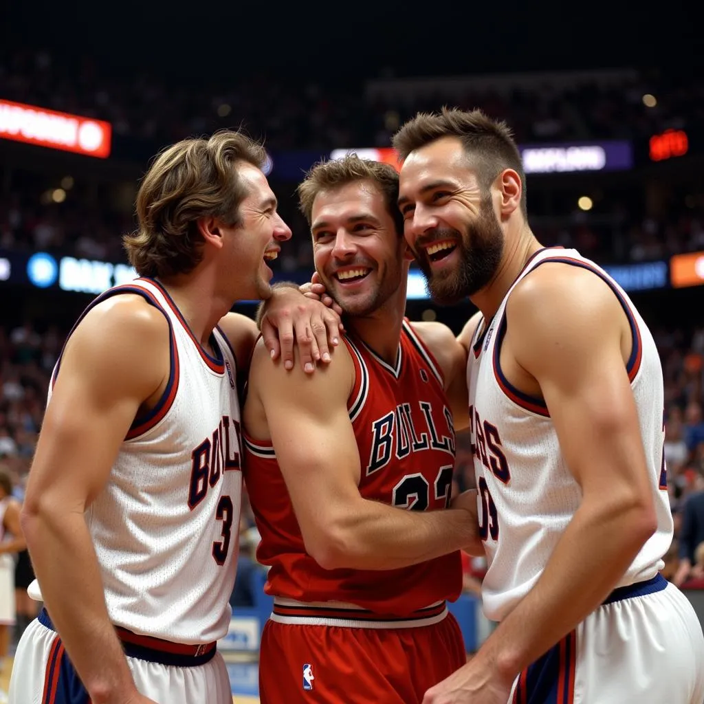 Legendary players celebrate a hard-fought victory, highlighting the camaraderie and passion of the game.