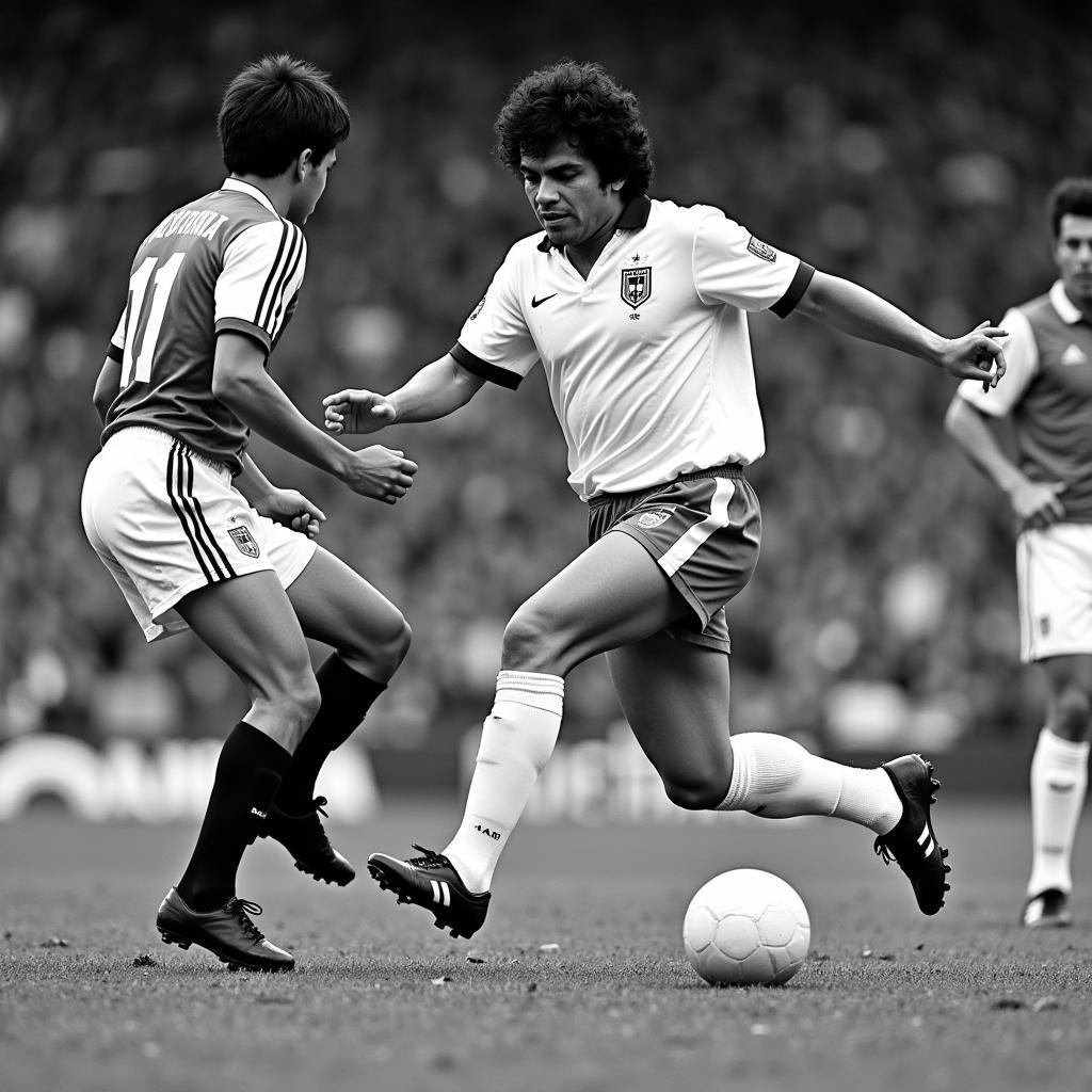 Black and white image of Diego Maradona dribbling past defenders with the caption "Maradona - A true icon who redefined the beautiful game."