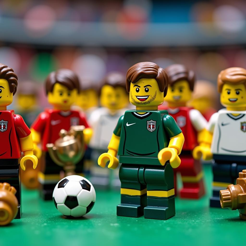 Lego soccer player minifigures of various teams and positions.