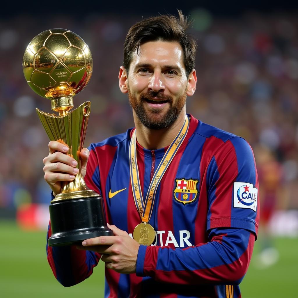 Lionel Messi holding the Ballon d'Or trophy