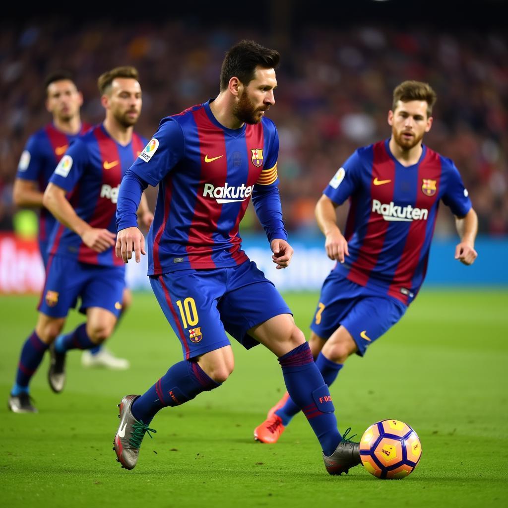 Lionel Messi dribbling past opponents in a La Liga match