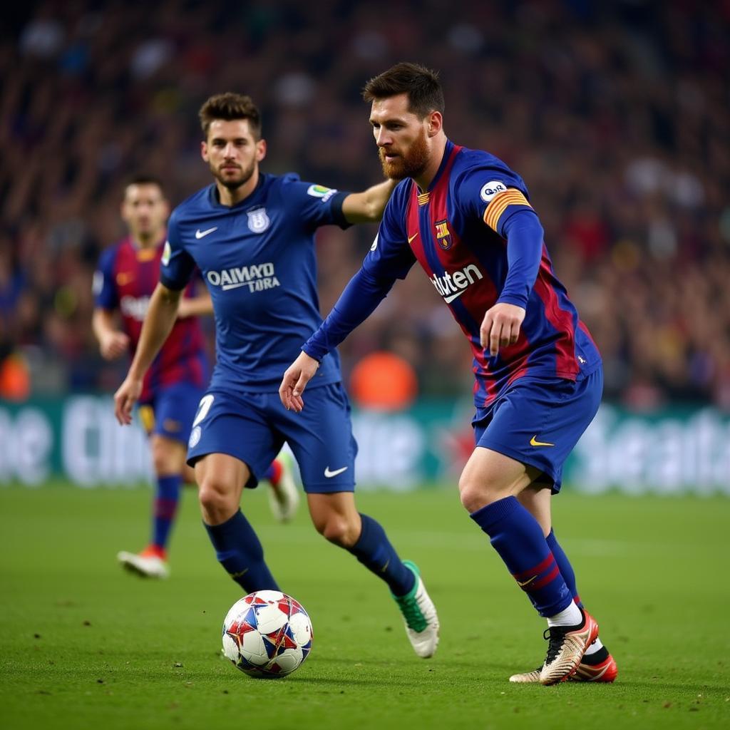 Lionel Messi dribbling past defenders in a Champions League match