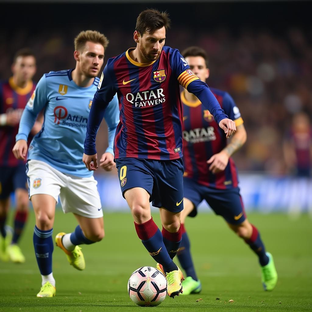 Lionel Messi dribbling past defenders