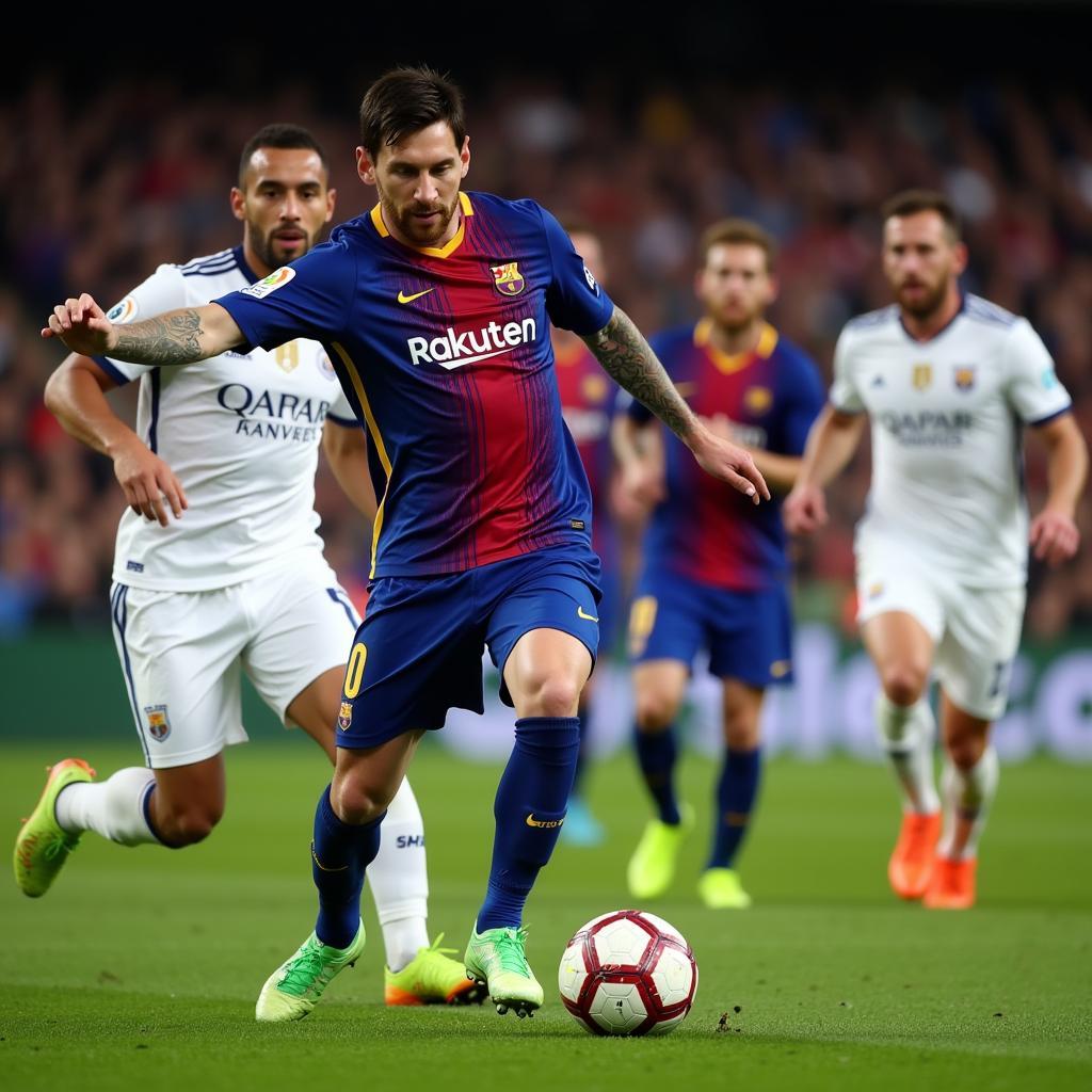 Lionel Messi dribbling past defenders.