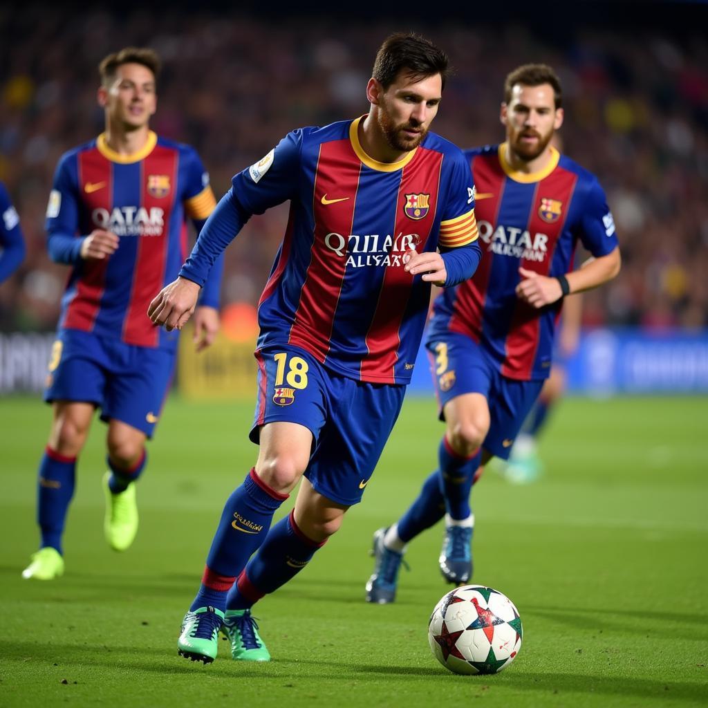 Lionel Messi dribbling past defenders