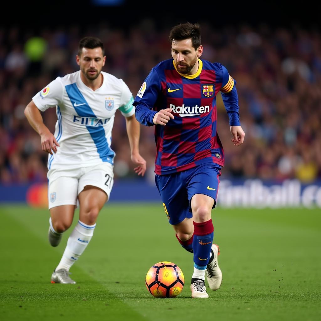 Lionel Messi dribbles past a defender in a Champions League match.