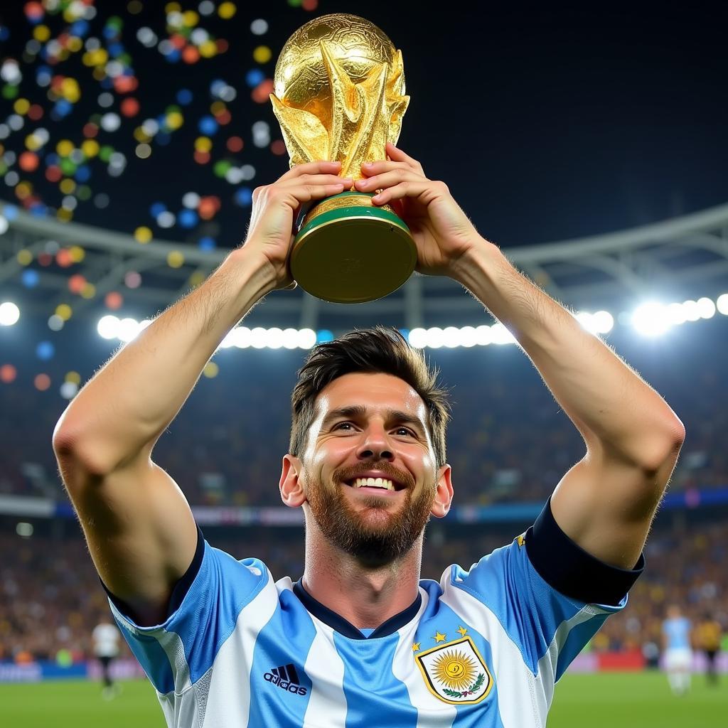 Lionel Messi celebrates with the World Cup trophy