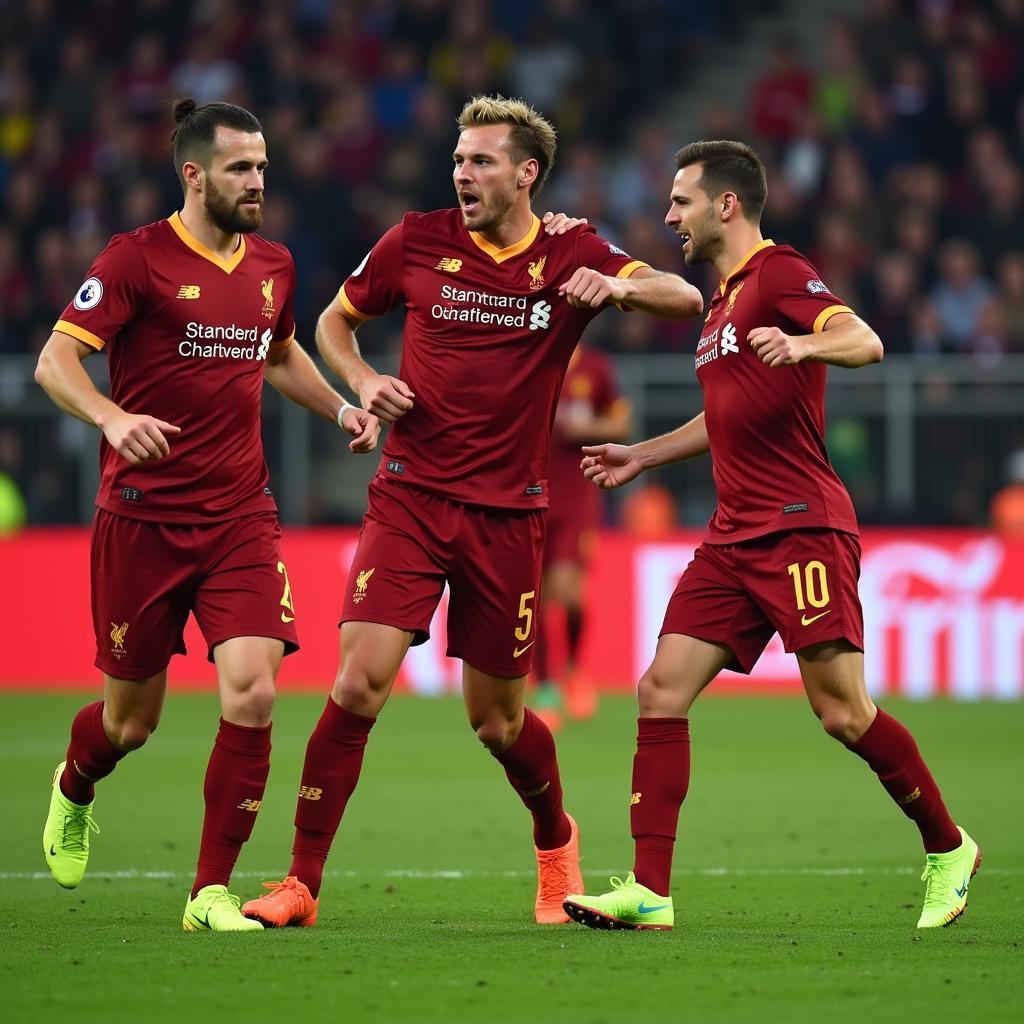 Liverpool and Roma players celebrating a goal