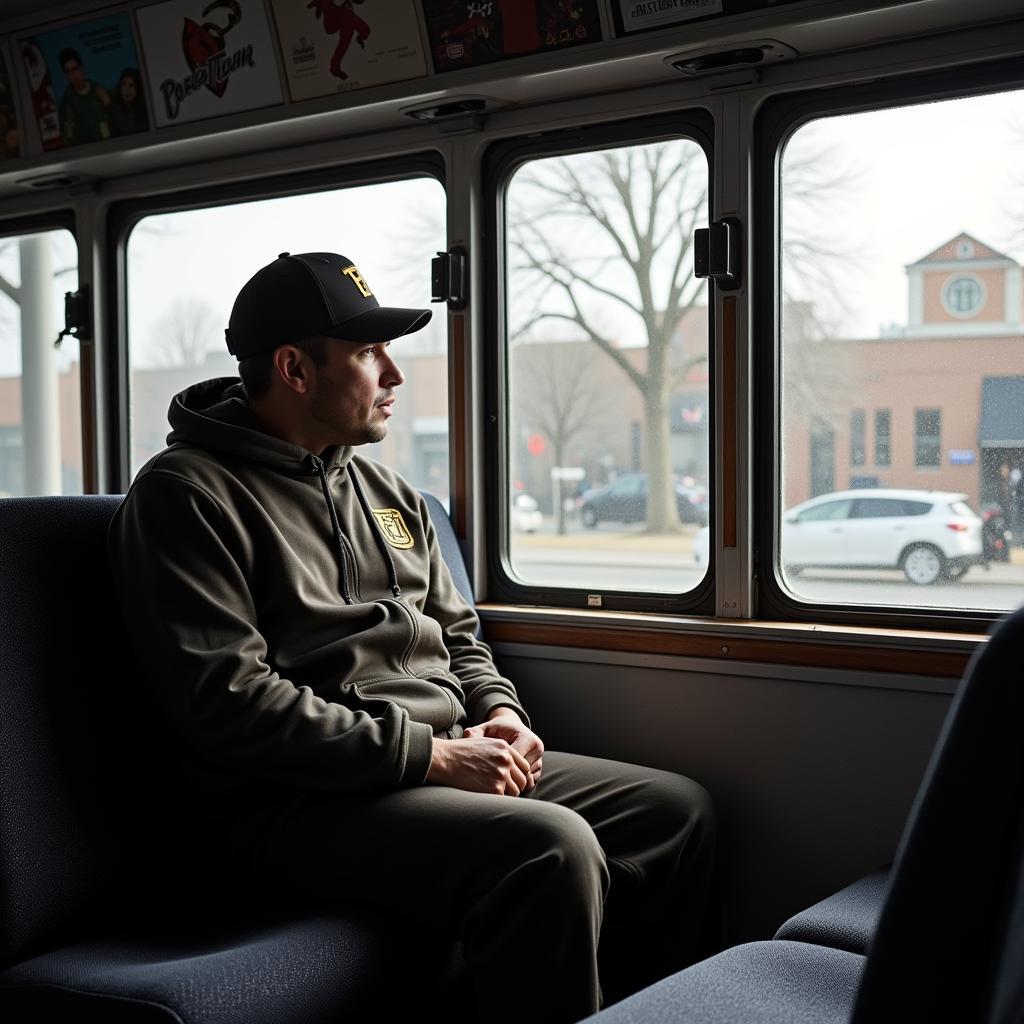 A footballer stares out the window of a bus