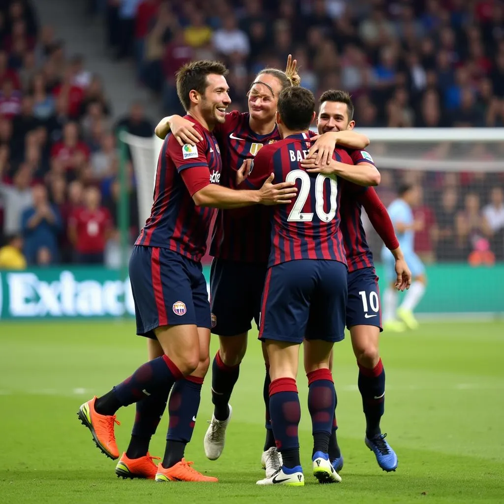 Long An team celebrating a goal, highlighting teamwork