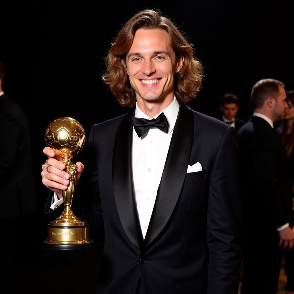 Luka Modrić holding his 2018 Ballon d'Or award