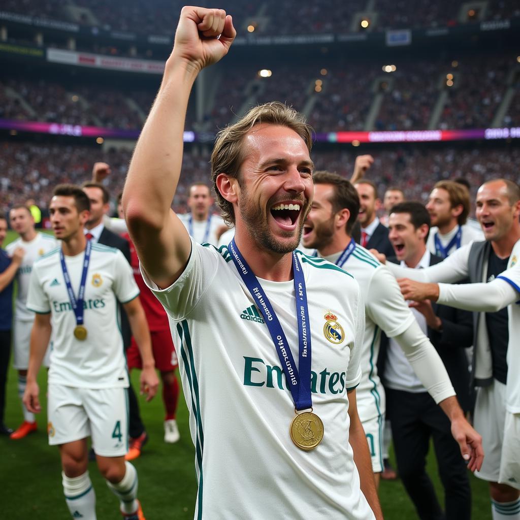 Luka Modric Celebrating a Champions League Victory with Real Madrid