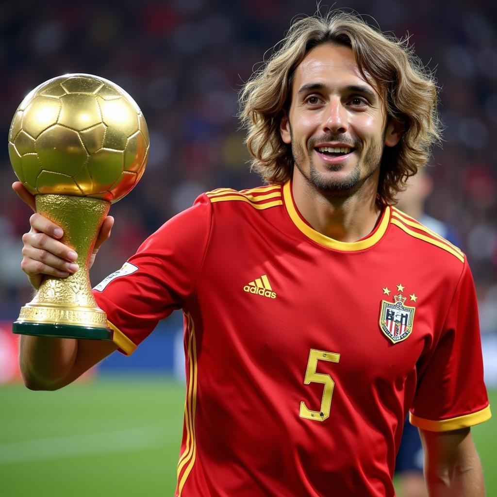 Luka Modric holding the Golden Ball award at the 2018 World Cup