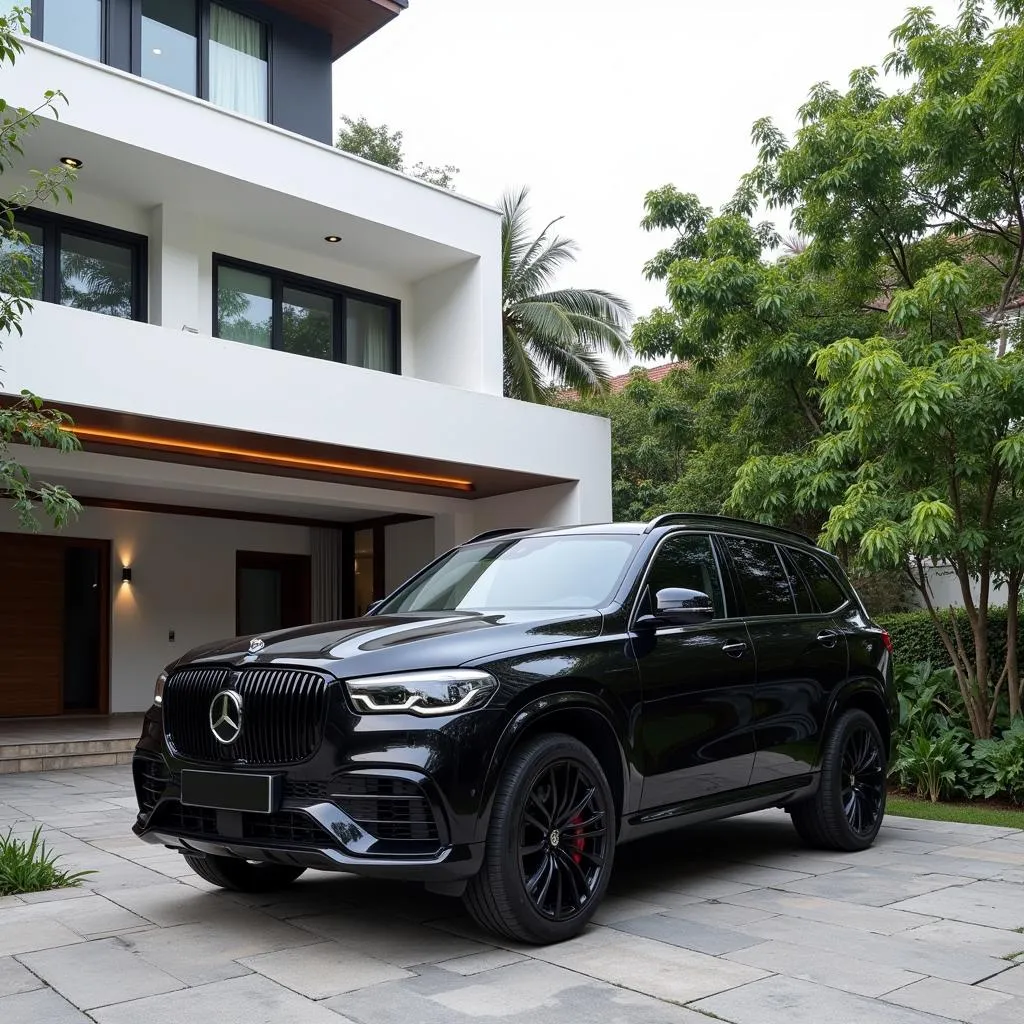 Luxury SUV parked in front of a modern villa