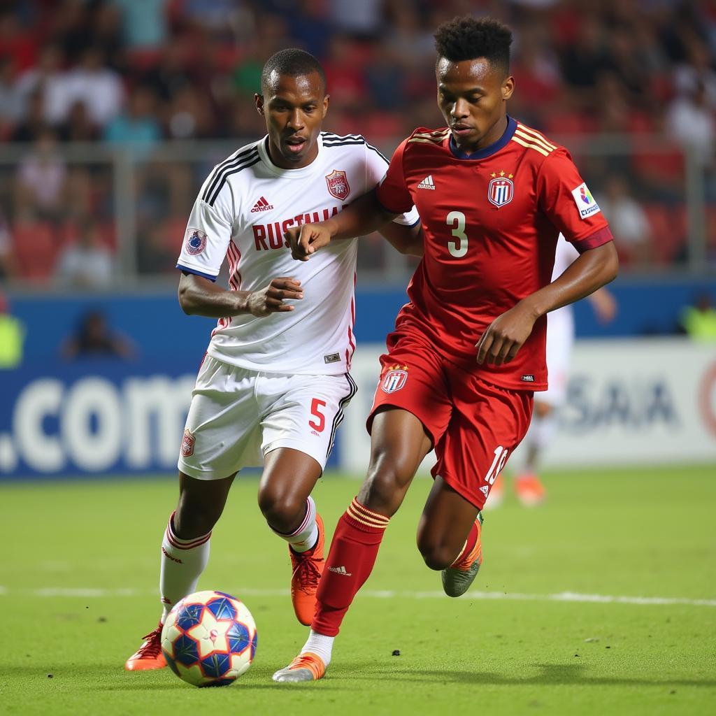 Madura United player dribbling the ball past an opponent