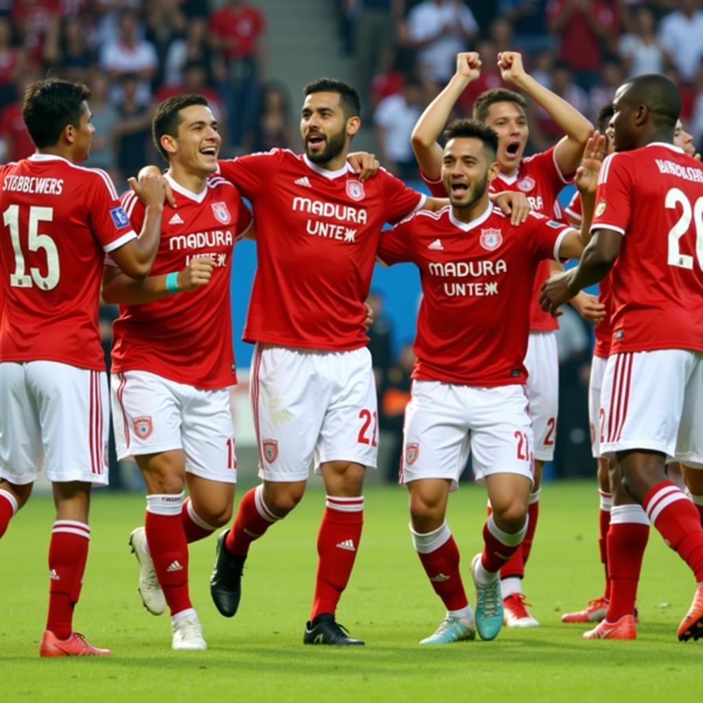 Madura United players celebrating a goal