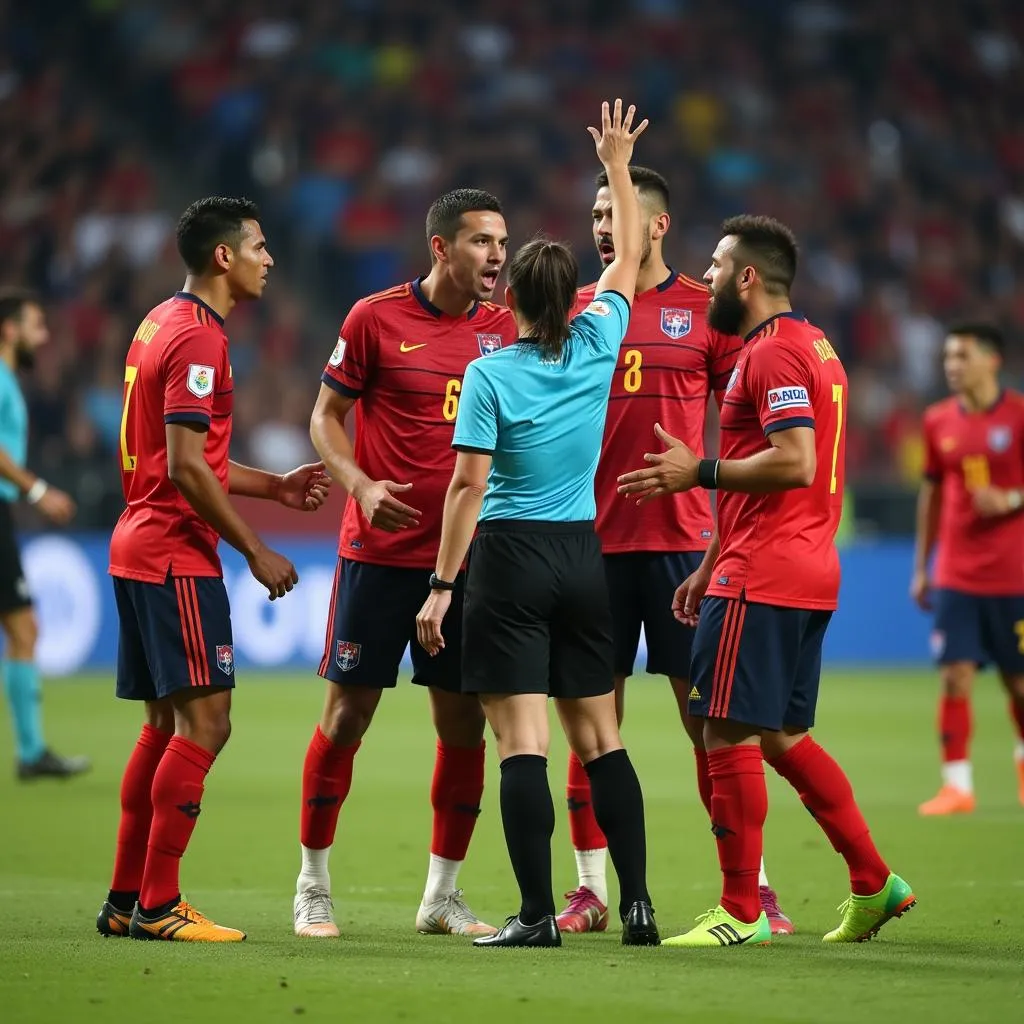 Malaysian football players engaged in a heated argument with the referee during a match.