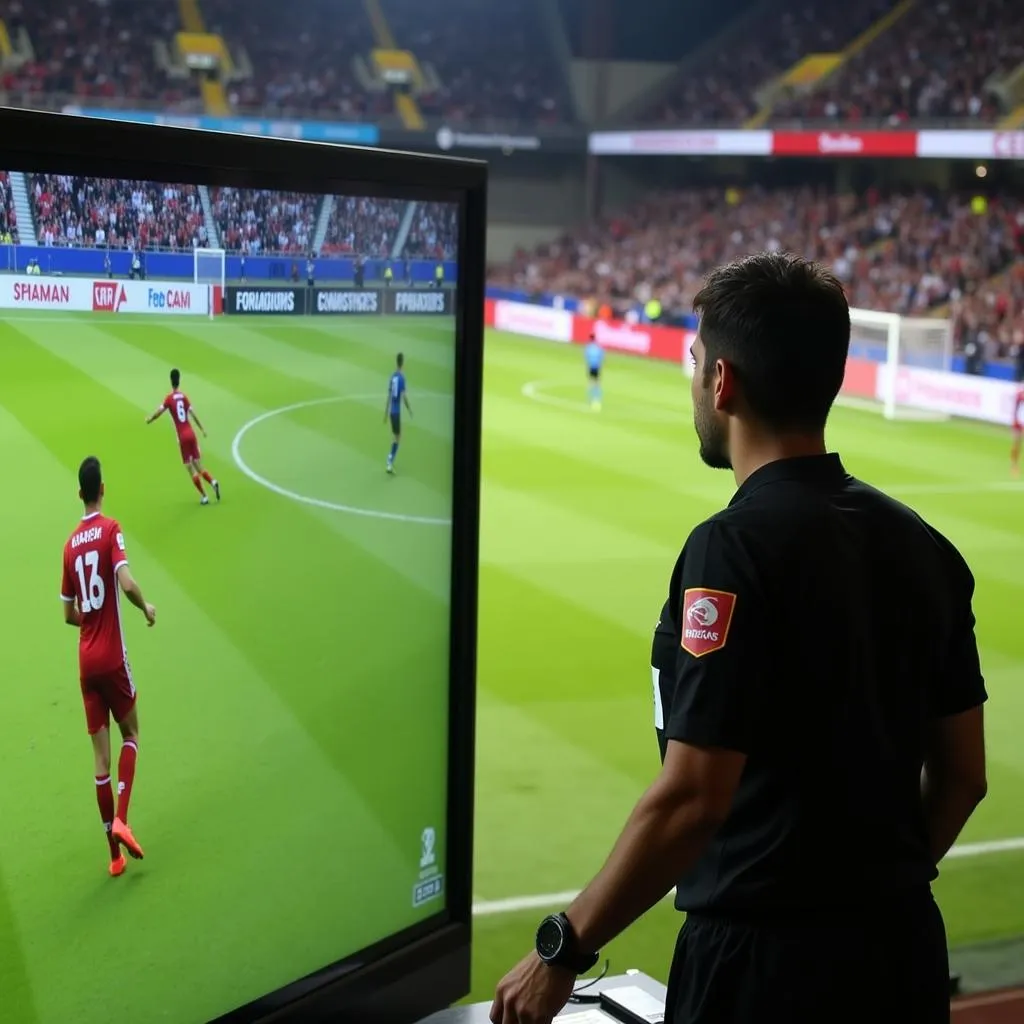 A Malaysian football referee consults the Video Assistant Referee (VAR) system to review a crucial decision during a match.