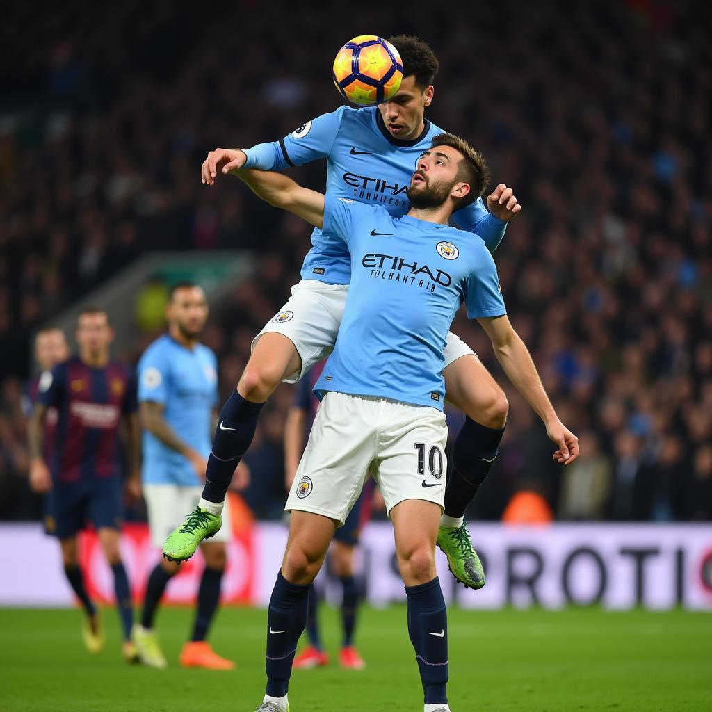 Manchester City Defender Winning a Header