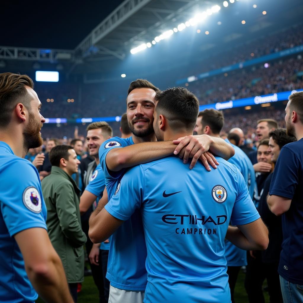 Manchester City fans from diverse backgrounds coming together in celebration at the Etihad stadium