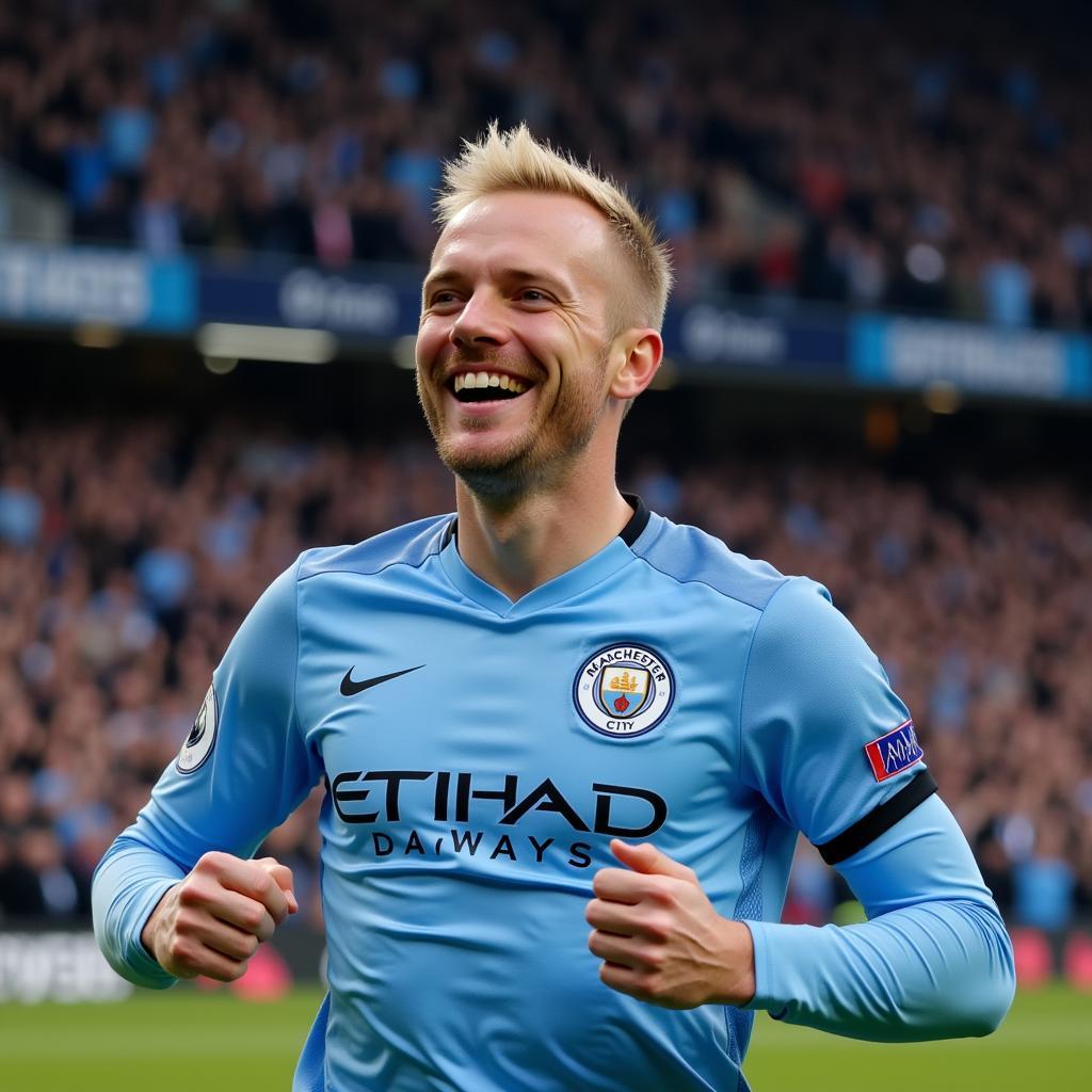 Erling Haaland celebrating a goal in a Manchester City jersey