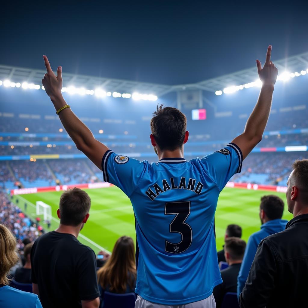 Man City Fan Wearing Haaland Jersey at Etihad Stadium