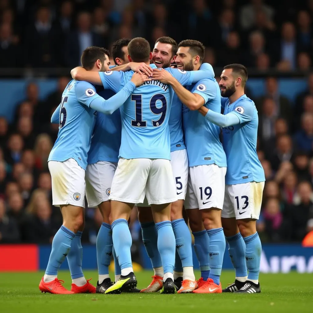 Man City striker celebrates a goal with jubilant teammates, showcasing the team spirit and camaraderie within the squad