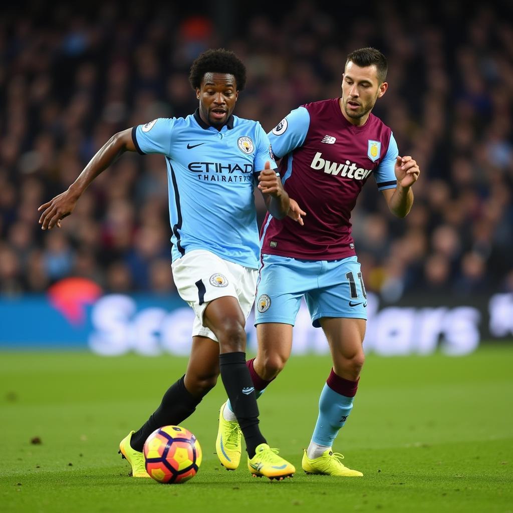 Manchester City players and Aston Villa players competing for the ball