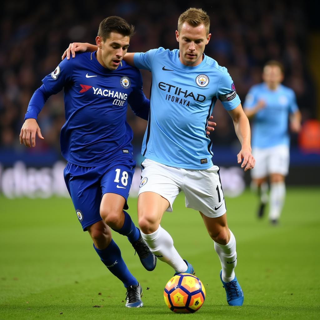 Haaland challenges a Chelsea defender for the ball