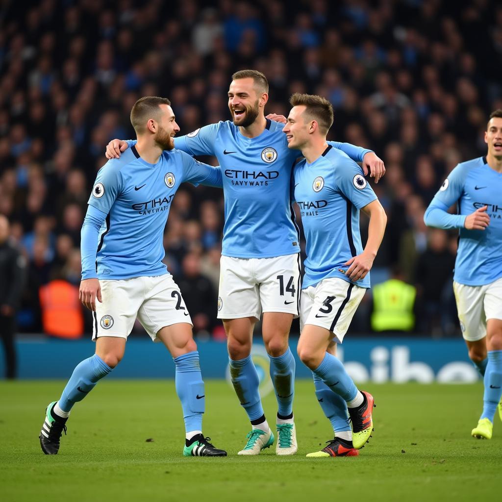 Manchester City players celebrate a goal with De Bruyne and Haaland at the center.