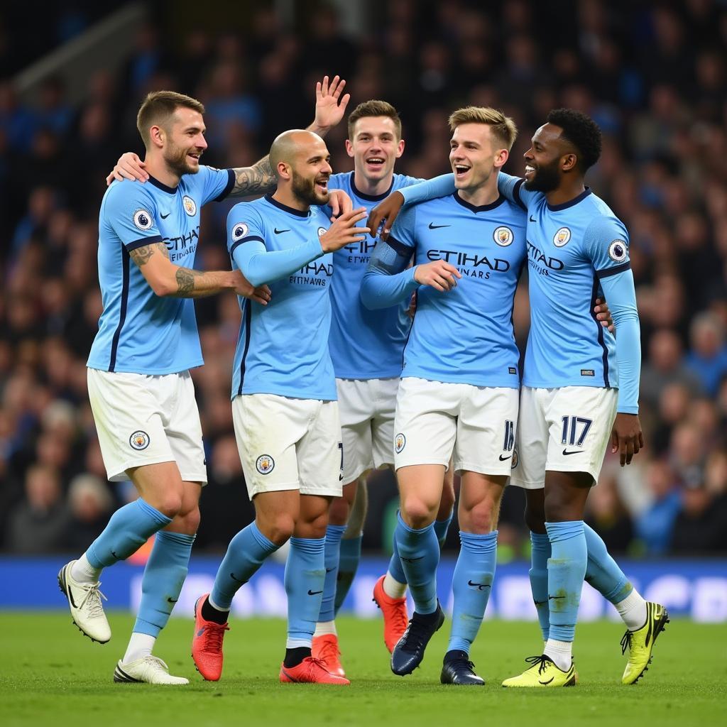 Manchester City players celebrating a goal