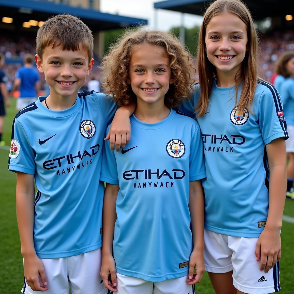 Group of young fans proudly wearing Manchester City youth jerseys with Haaland's name and number