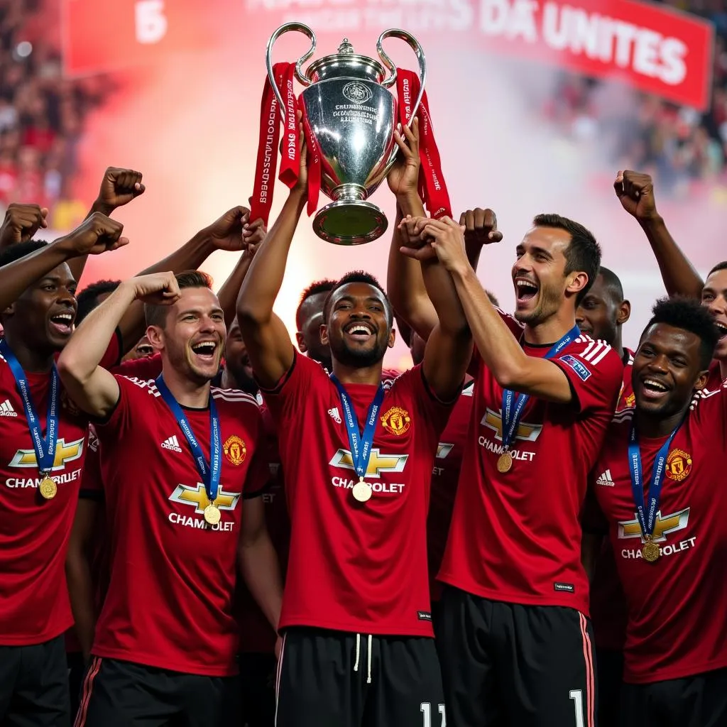 Manchester United Players Celebrating the 2008 Champions League Trophy