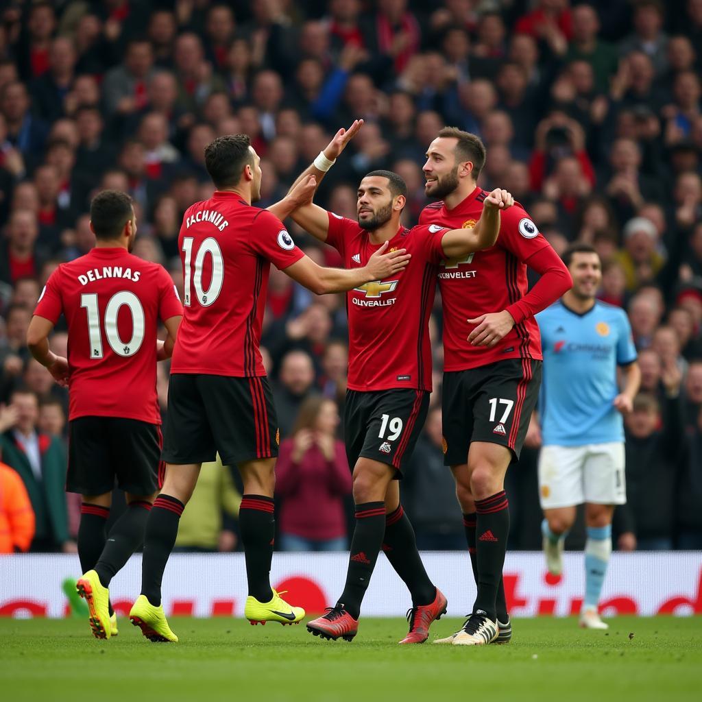 Manchester United attacking players celebrating a goal