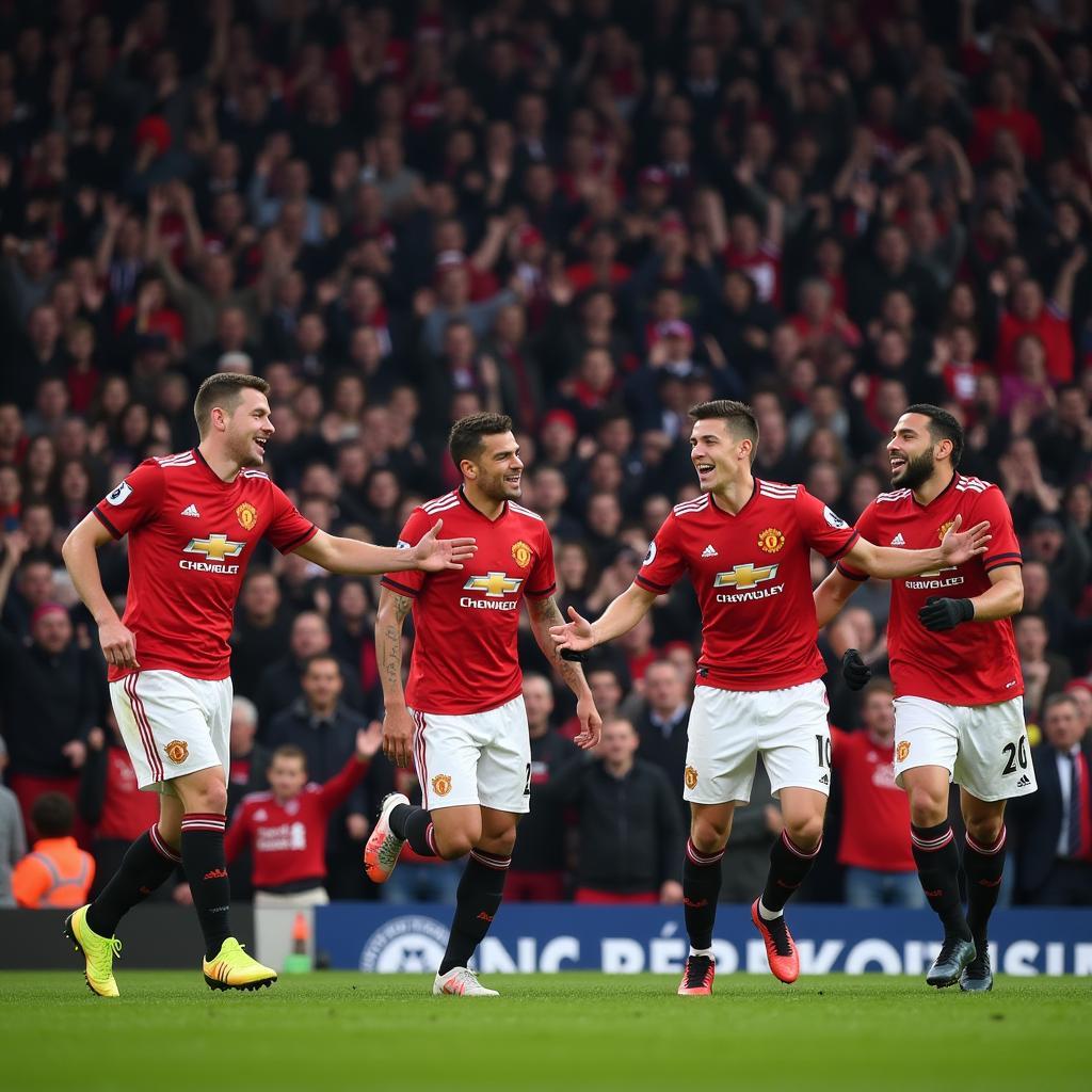 Manchester United players celebrating a goal with their fans.