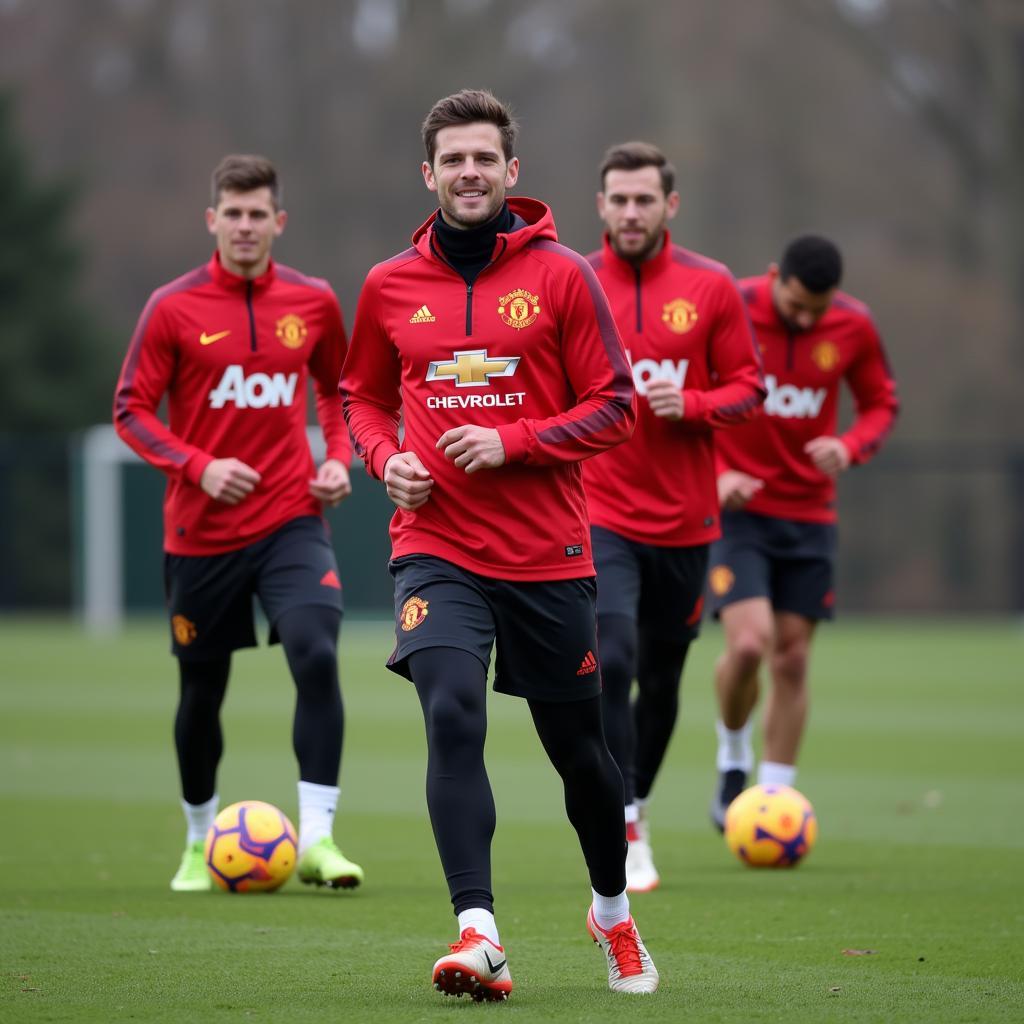 Manchester United players engaged in a training drill