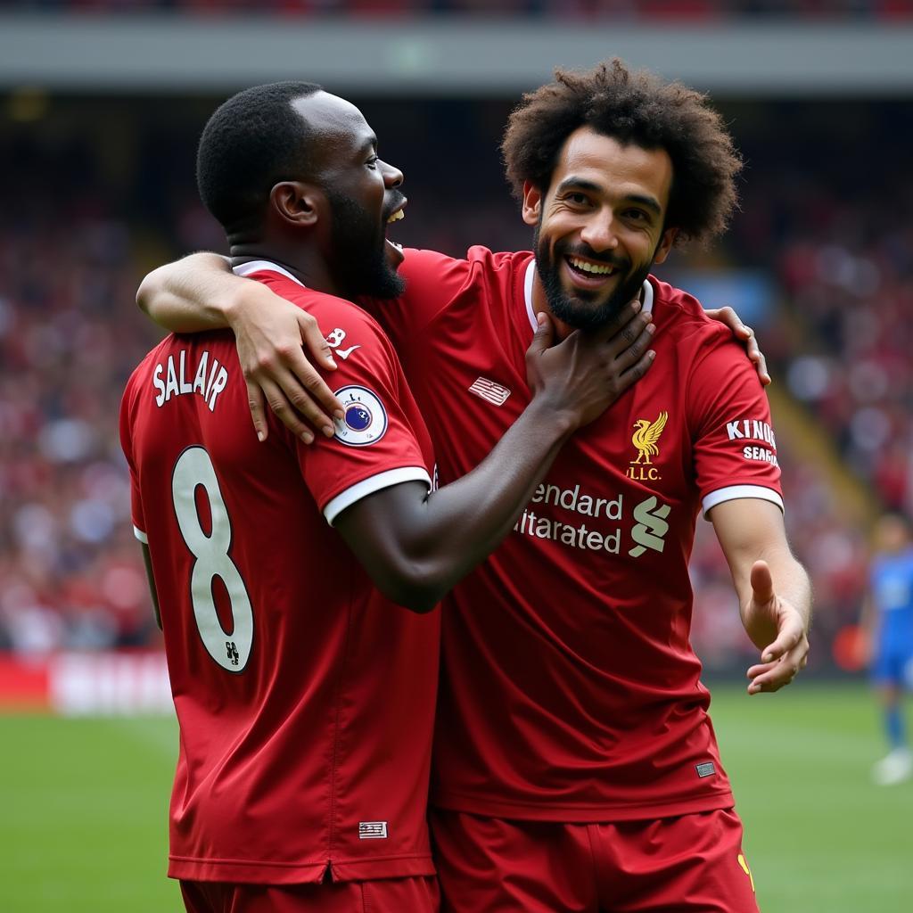 Sadio Mané and Mohamed Salah celebrating a goal together