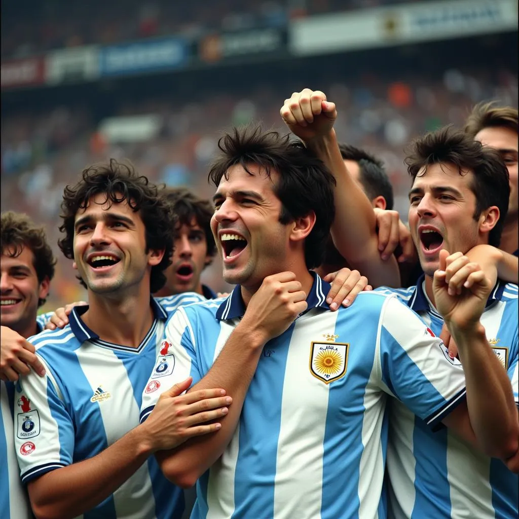 Diego Maradona celebrates with teammates