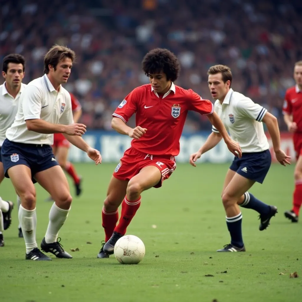 Diego Maradona dribbling past English defenders