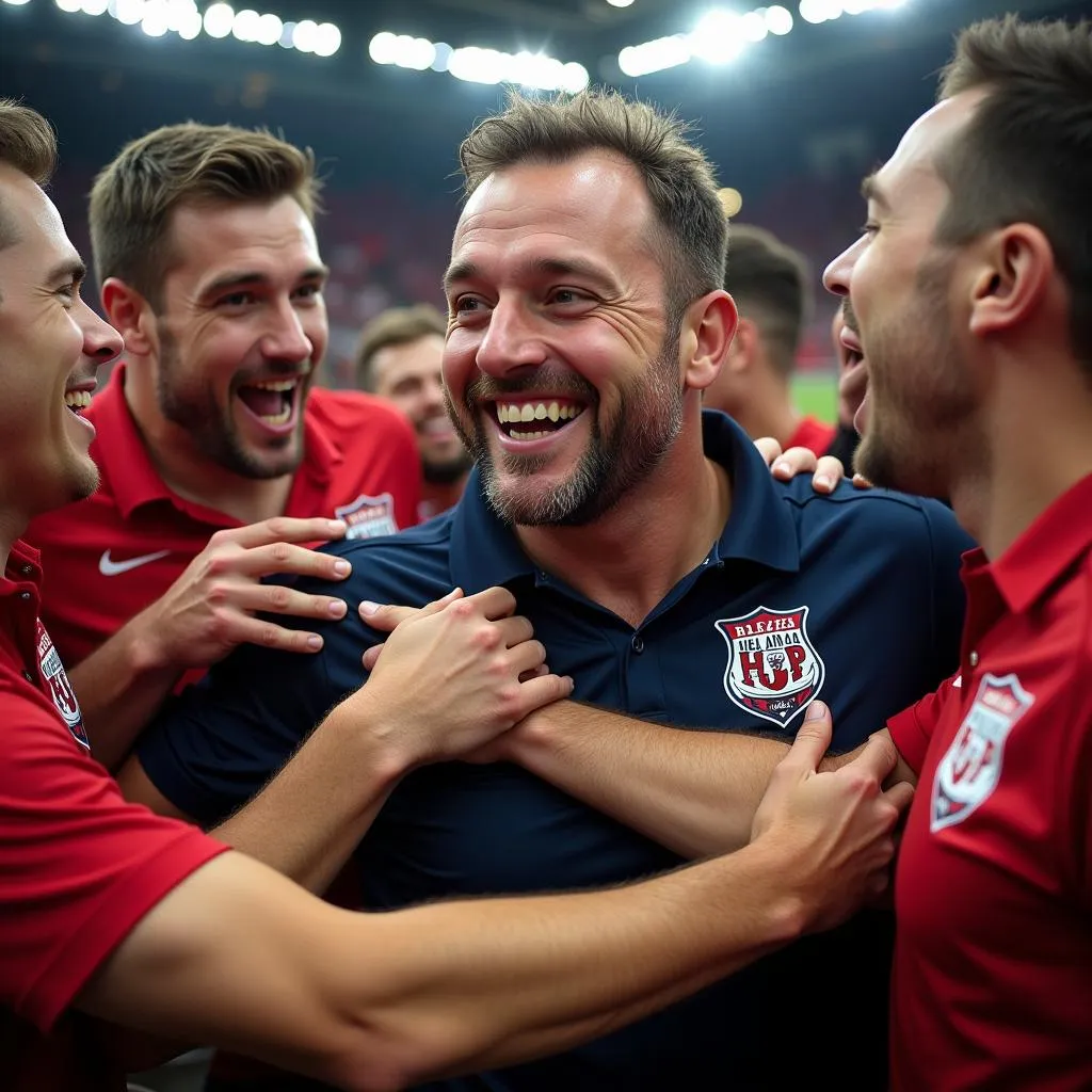 Marc Brys celebrates a crucial victory with his team.