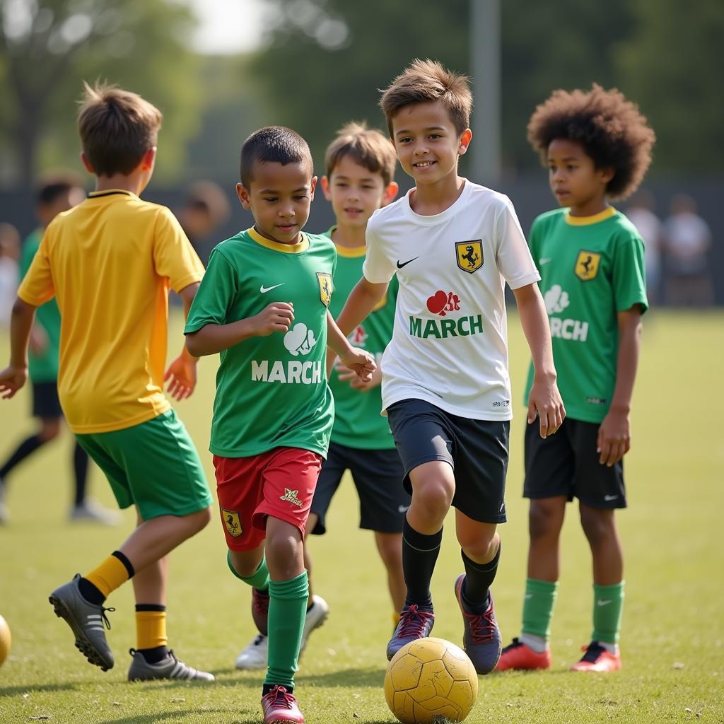 Young footballers born in March practicing on the field