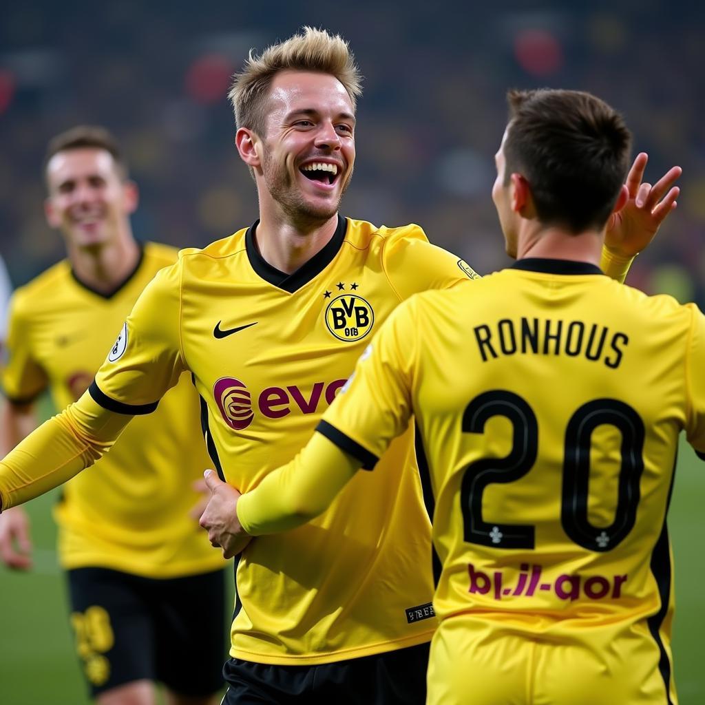 Marco Reus celebrating a goal with his Borussia Dortmund teammates