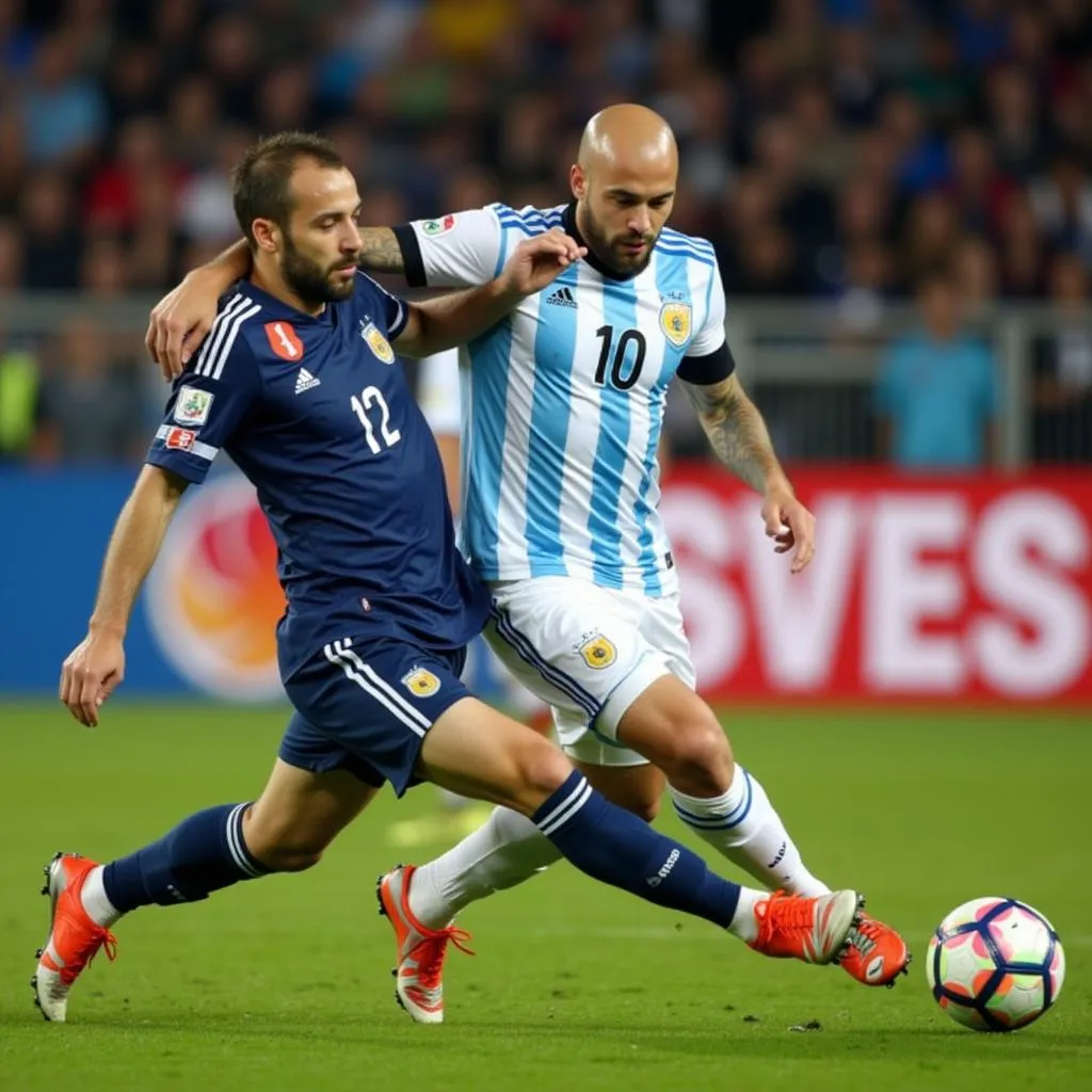 Javier Mascherano executes a perfectly timed sliding tackle in an Argentina jersey