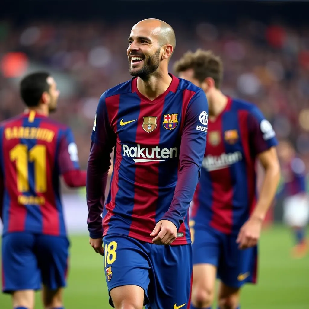 Javier Mascherano celebrating a Barcelona victory with his teammates