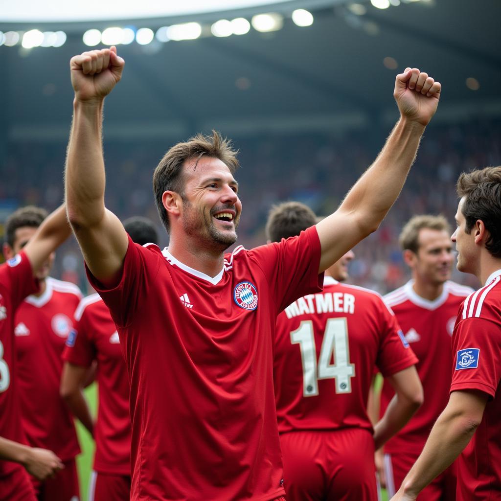 Lothar Matthäus celebrates a goal with Bayern Munich teammates