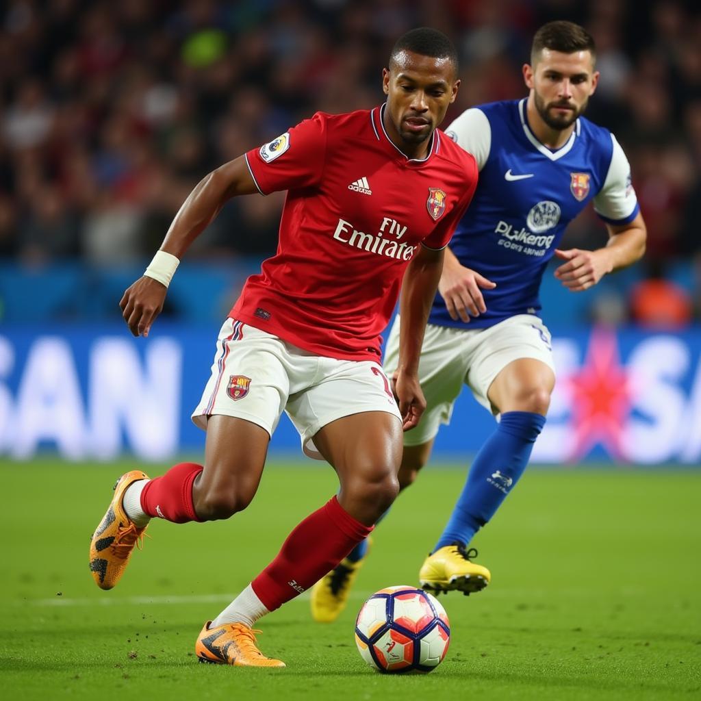 Kylian Mbappé dribbles past a defender