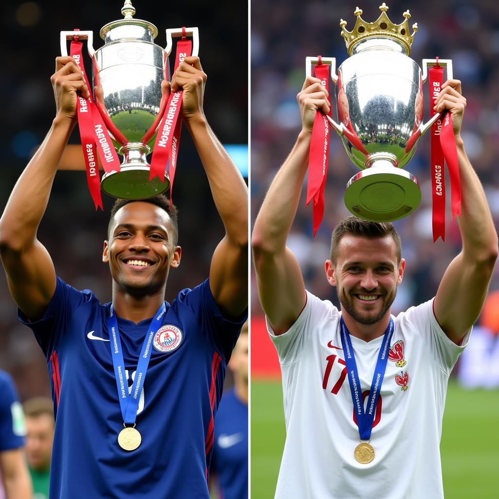 Mbappe and Haaland celebrating with trophies