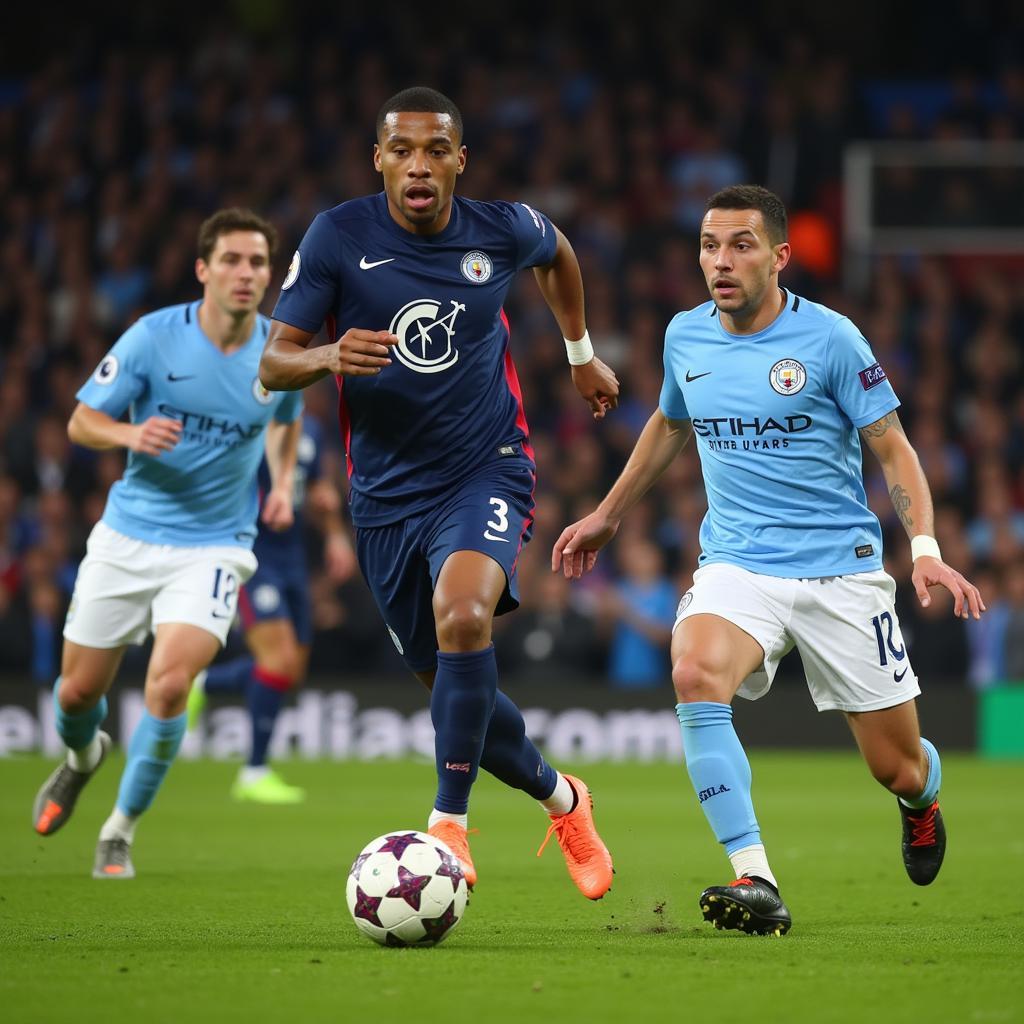 Kylian Mbappe taking on Manchester City defenders during a Champions League match