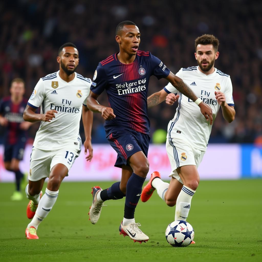 Kylian Mbappé takes on Real Madrid defenders