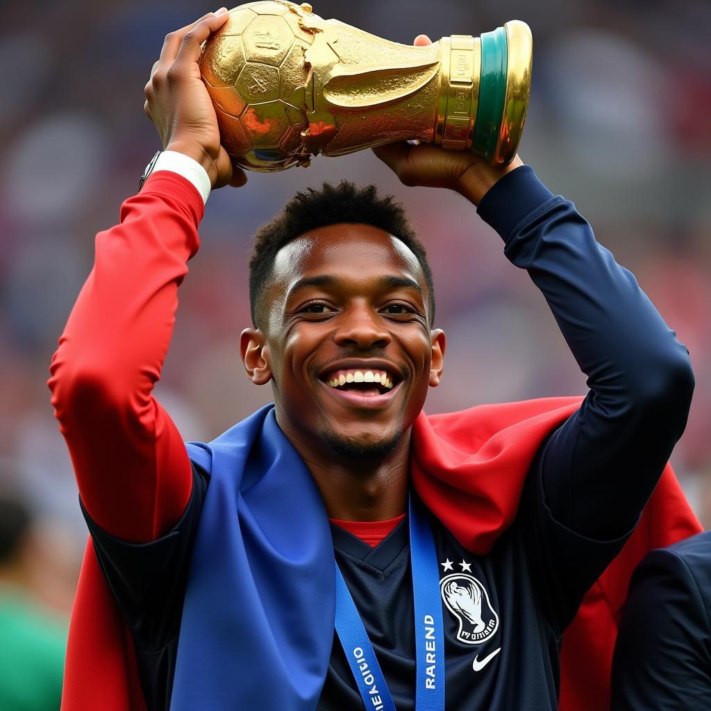 Kylian Mbappé lifts the World Cup trophy